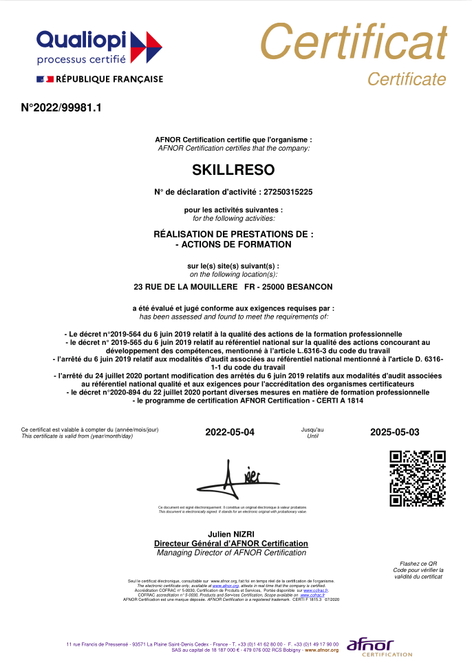 Certificat Qualiopi AFNOR de Skillreso (N°2022/99981.1)